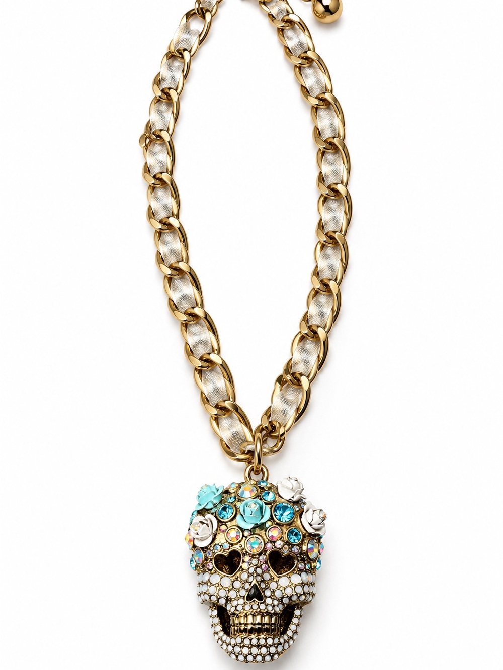 Betsey Johnson Gold Chain Necklace with Turquoise Crystal Skull Pendant